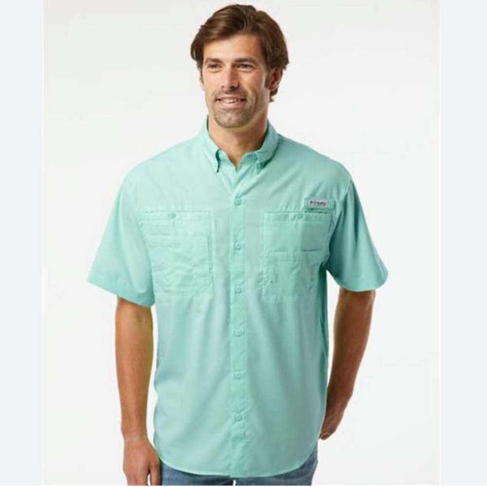 Columbia PFG Shirt Mens XL Green 2 Front Pocket Fishing Button Down Omni Shade